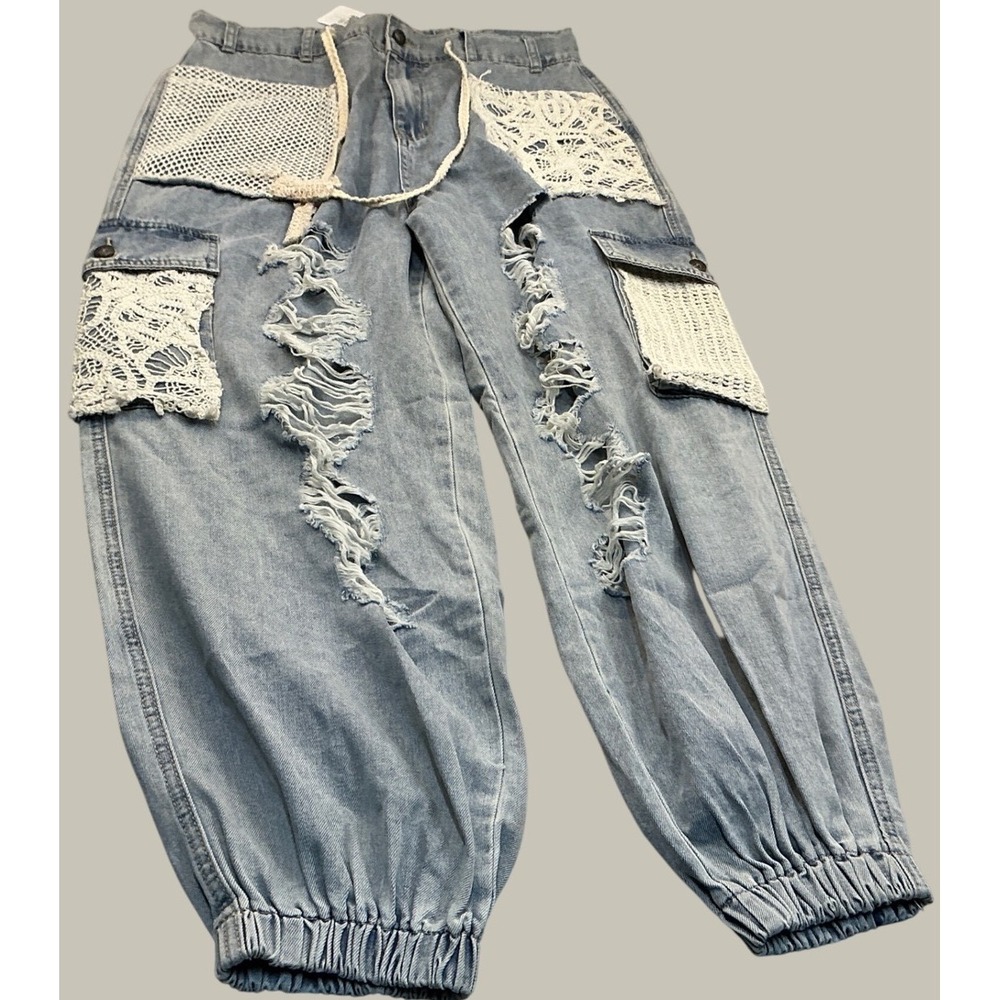 POL Denim Joggers Distressed Crochet Lace Cargo Pants Size M Light Wash NWT